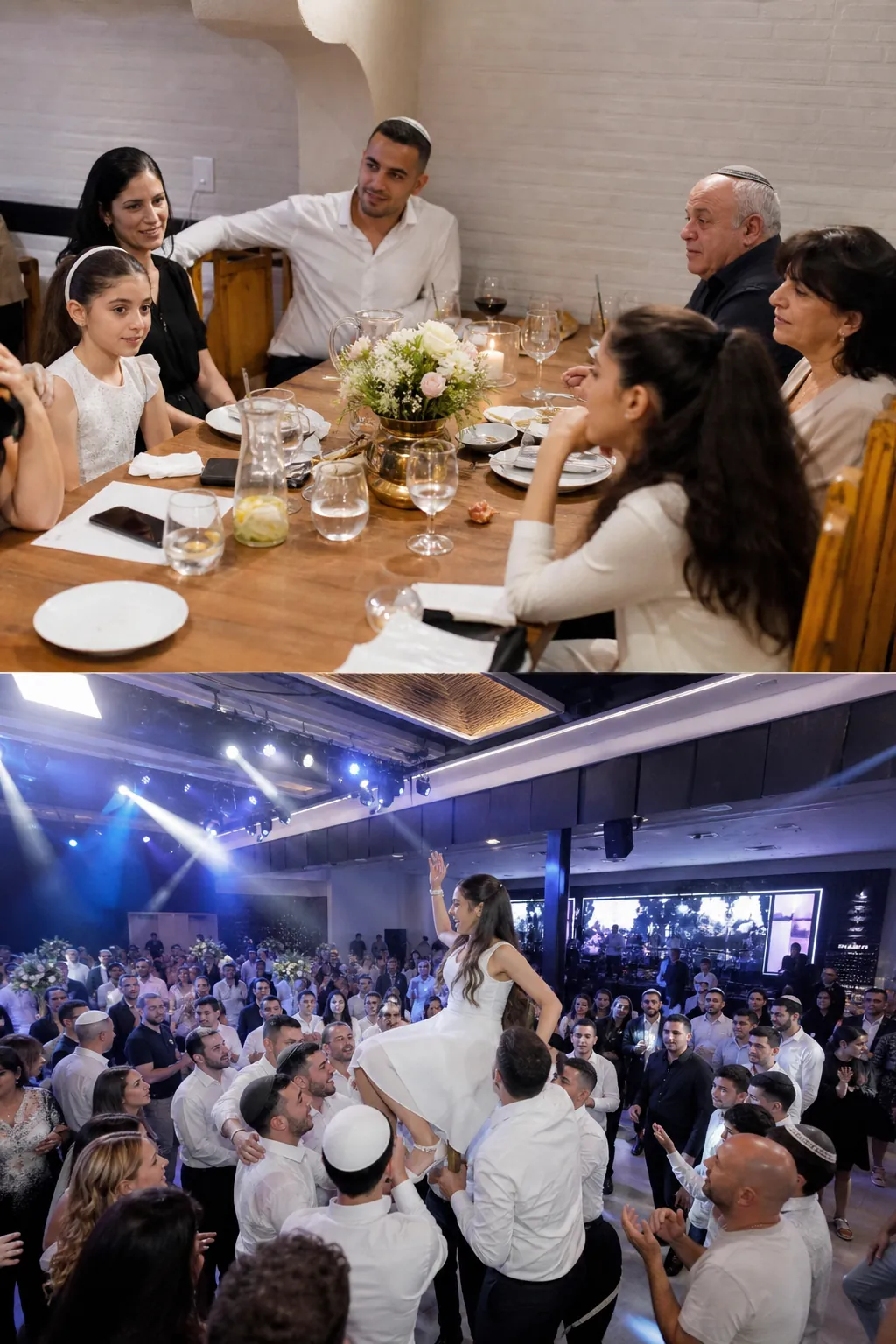 שני אירועי בת מצווה זה לצד זה, אחד אינטימי בחלל קטן ואחד גדול באולם, להמחשת הפער במחיר