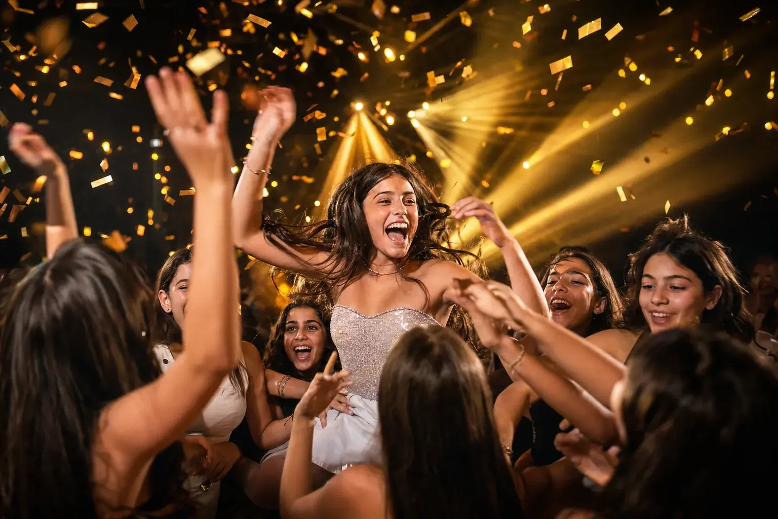 רחבה מלאה של בני נוער קופצים יחד ברגע שיא של בת מצו�וה, קרני אור זהובות וקונפטי באוויר