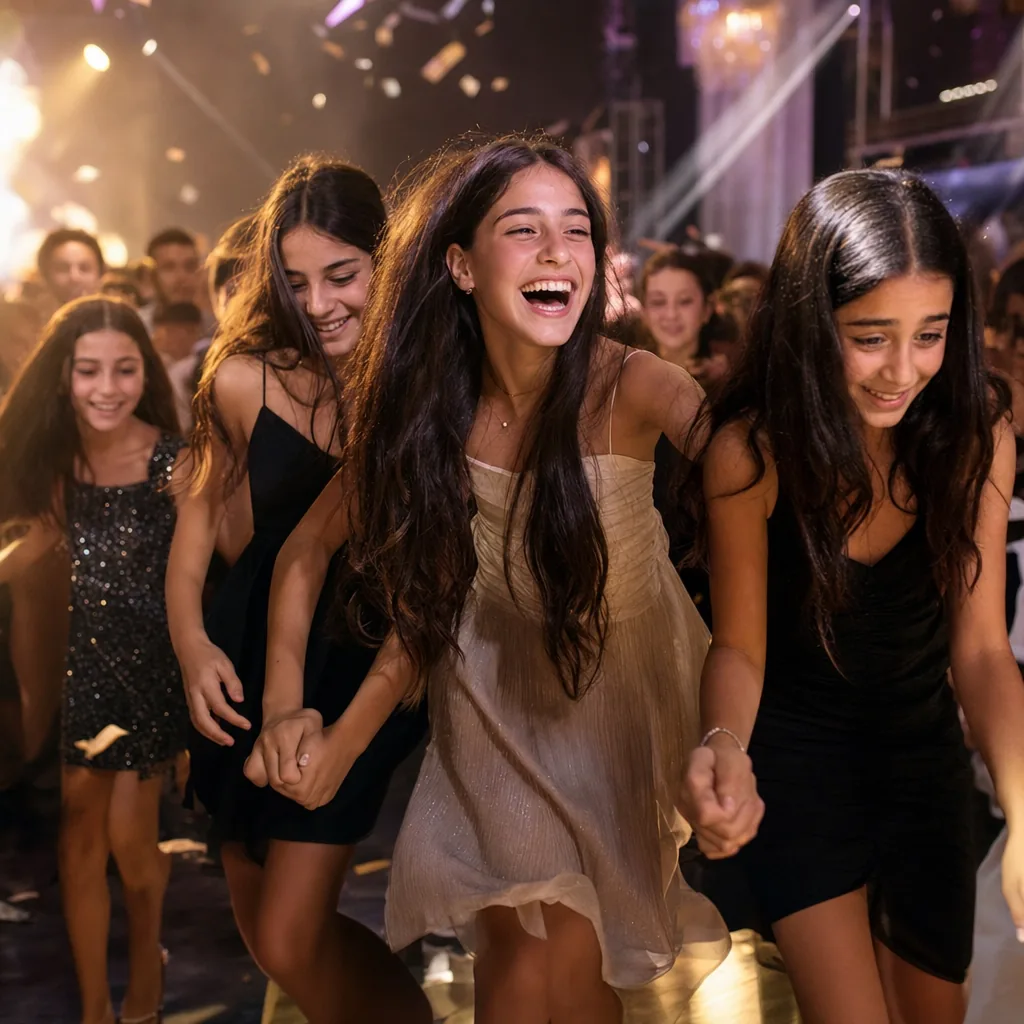 נערה צוחקת מושכת שתי חברות לרחבה בתחילת הריקודים בבת מצווה