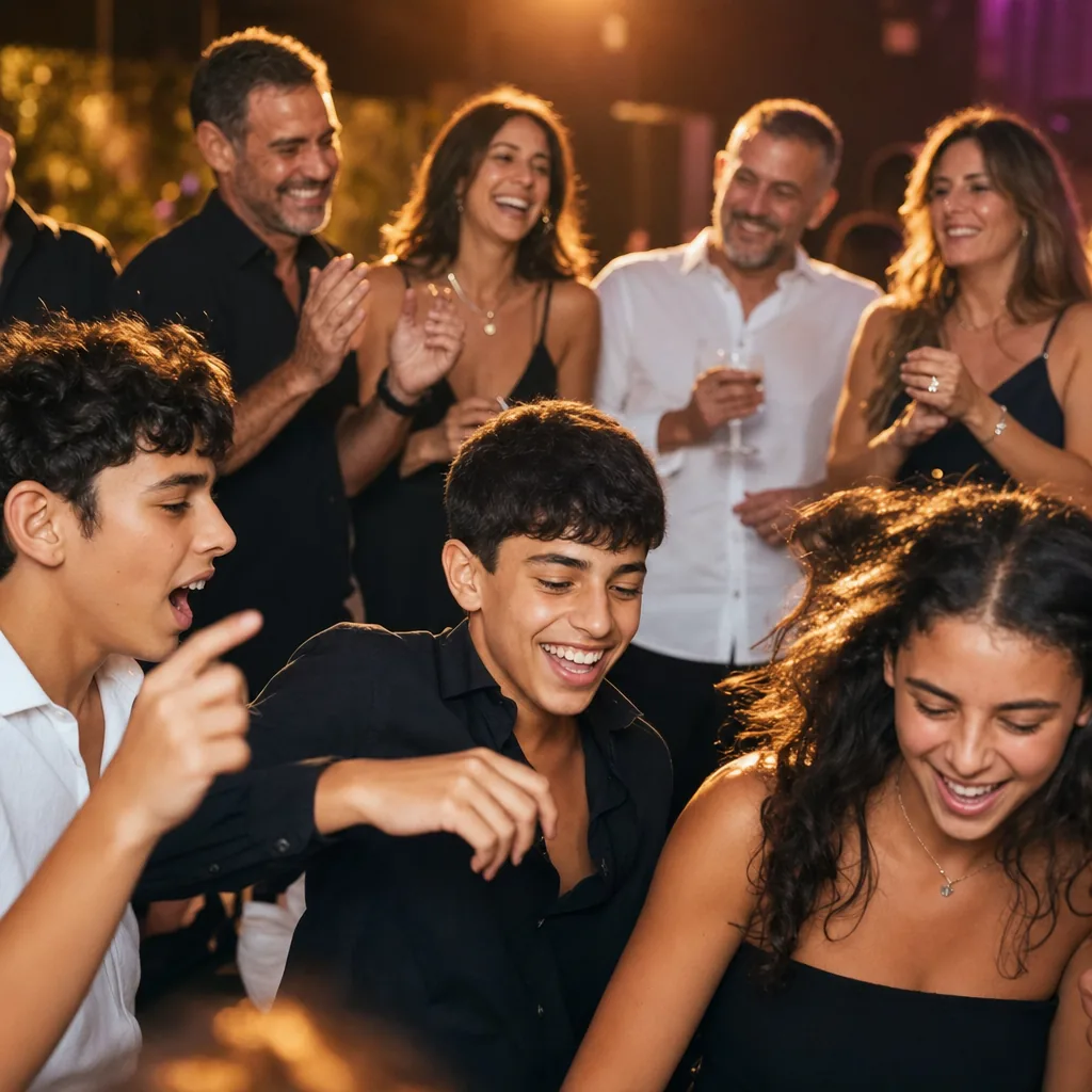 ילדים רוקדים בקדמת הרחבה בזמן שההורים מוחאים כפיים ומחייכים מהצד
