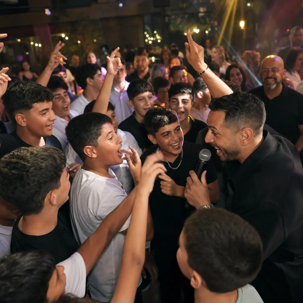 מוביל אירוע עם מיקרופון מול קהל קופץ