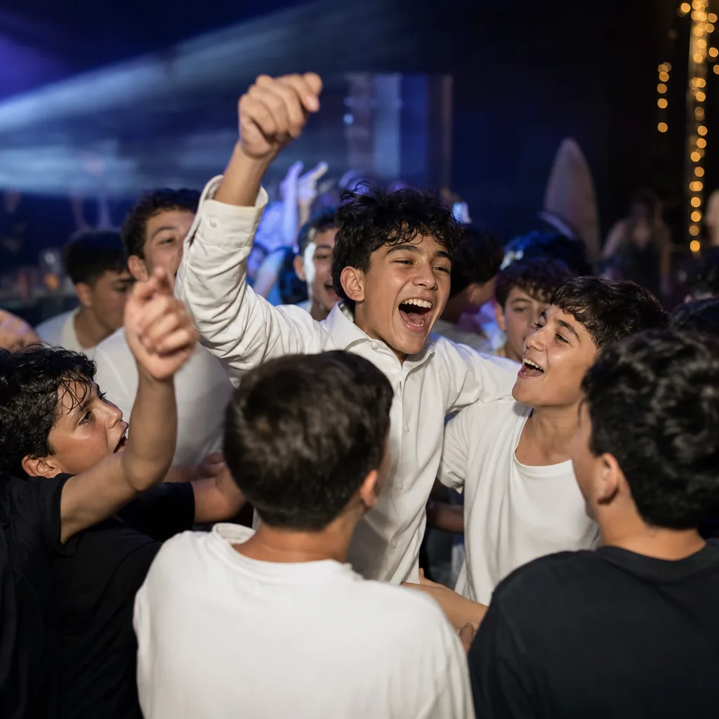 רחבה מלאה של בני נוער רוקדים בהתלהבות בבר מצווה