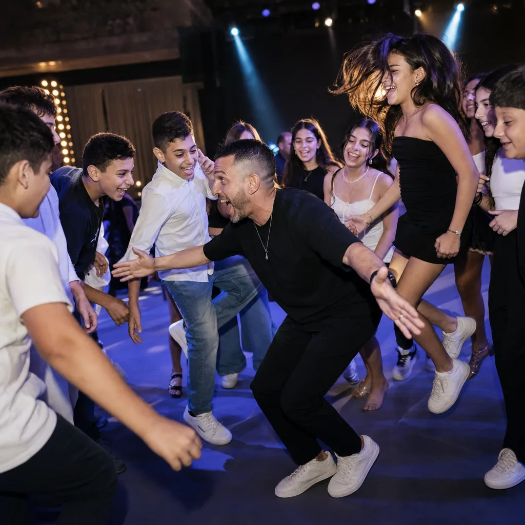 מוביל האירוע בתוך הקהל מכניס את הילדים לרחבה