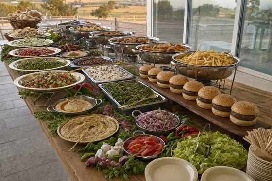 מזנון בשרי גדול על מרפסת מקורה מול שדות
