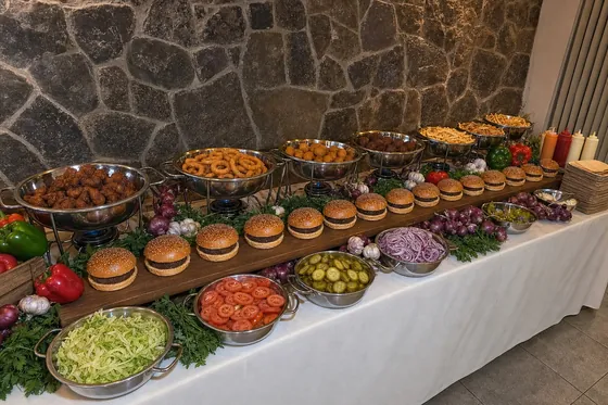 מזנון בשרי ערוך באולם אירועים מול קיר אבן