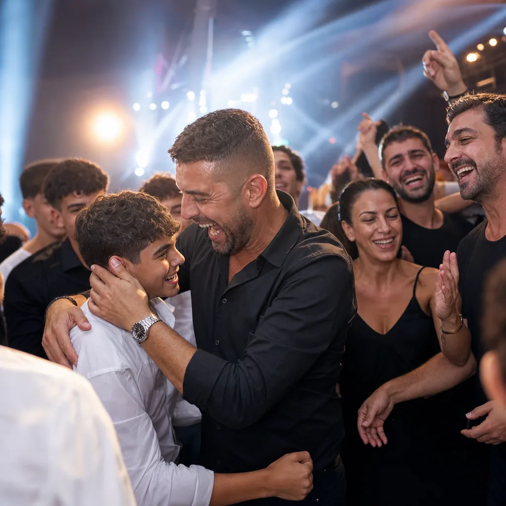 רחבה מלאה של ילדים קופצים עם ידיים באוויר ברגע שיא של אירוע בת מצווה