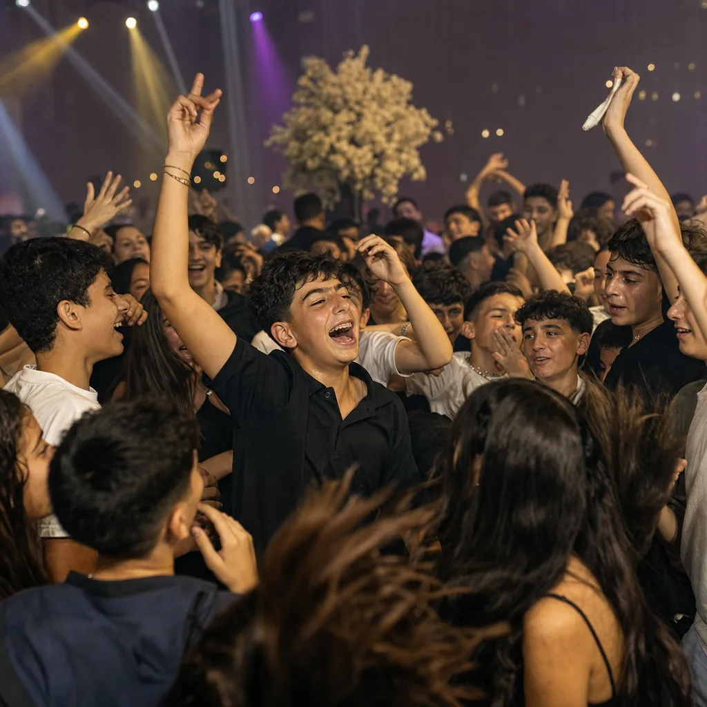 רחבה מלאה ילדים צוחקים ורוקדים