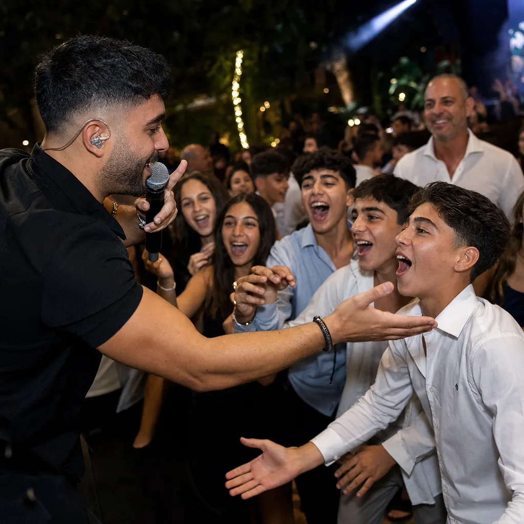 אוראל מרקוביץ עם מיקרופון מוביל את רחבת הריקודים בבר מצווה